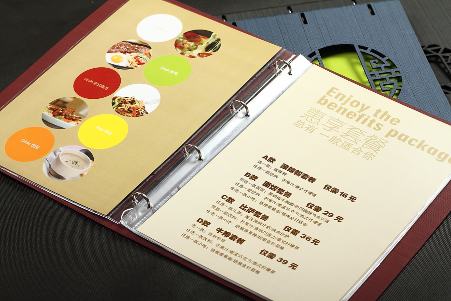 各種宣傳單、折頁、菜譜、PVC點菜單、畫冊、說明書、海報、不干膠、聯單、包裝盒、紙巾盒等設計印刷